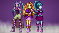 Size: 1600x900 | Tagged: safe, artist:gabbslines, adagio dazzle, aria blaze, sonata dusk, equestria girls, g4, my little pony equestria girls: rainbow rocks, bare shoulders, boots, clothes, dress, group, jewelry, microphone, necklace, pantyhose, pendant, pigtails, ponytail, signature, skirt, sleeveless, spikes, striped pantyhose, the dazzlings, trio
