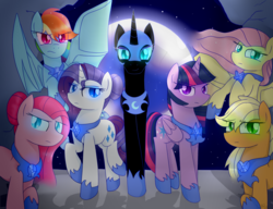 Size: 1300x1000 | Tagged: dead source, safe, artist:ultrard, applejack, fluttershy, nightmare moon, pinkie pie, rainbow dash, rarity, twilight sparkle, alicorn, pony, g4, alternate hairstyle, bad end, colored pupils, corrupted, equestria is doomed, evil, full moon, looking at you, mane six, moon, night sky, nightmarified, pinkamena diane pie, signature, stars, the bad guy wins, twilight sparkle (alicorn), xk-class end-of-the-world scenario