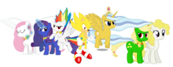 Size: 2888x1125 | Tagged: safe, artist:cooleevee759, artist:geonine, artist:klonoa-dreemurr, edit, vector edit, applejack, fluttershy, rainbow dash, rarity, surprise, twilight sparkle, alicorn, pony, g1, g4, 1000 hours in ms paint, crossover, g1 to g4, generation leap, male, ms paint, simple background, sonic the hedgehog, sonic the hedgehog (series), super form, super rainbow dash, super sonic, transparent background, twilight sparkle (alicorn), vector