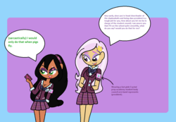 Size: 1052x728 | Tagged: safe, artist:obeliskgirljohanny, fleur-de-lis, oc, oc:scarla, equestria girls, g4, my little pony equestria girls: friendship games, cellphone, clothes, crystal prep academy uniform, hair accessory, humanized, looking away, phone, sarcasm, school uniform