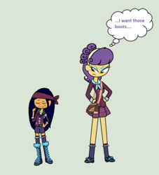 Size: 950x1044 | Tagged: safe, artist:obeliskgirljohanny, suri polomare, oc, oc:wolfbane, equestria girls, g4, my little pony equestria girls: friendship games, chocolate, clothes, crystal prep academy uniform, female, food, headband, humanized, louis vuitton, school uniform, sneering