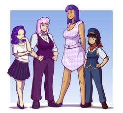 Size: 1200x1100 | Tagged: safe, artist:blazbaros, cheerilee, rarity, twilight sparkle, oc, oc:sharpleigh, human, g4, alternate hairstyle, alternate universe, amazon, au:eqcl, breasts, cleavage, clothes, commission, dark skin, female, height difference, humanized, light skin, line-up, moderate dark skin, reference sheet, size difference, vest