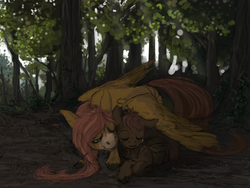 Size: 1600x1200 | Tagged: safe, artist:celestiawept, fluttershy, scootaloo, g4, crying, duo, fluttermom, forest, hug, scootalove, winghug