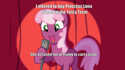 Size: 2400x1350 | Tagged: safe, editor:scrounge, cheerilee, g4, cheerilee pun, exploitable meme, happy, hoof hold, implied princess luna, meme, microphone, pun, shading, smiling, the tasty treat