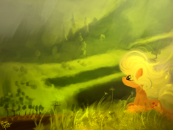 Size: 2000x1500 | Tagged: safe, artist:pedrohander, applejack, g4, female, missing accessory, prone, scenery, solo, windswept mane