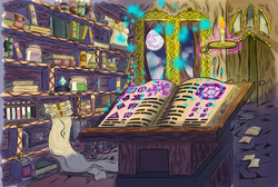 Size: 1302x877 | Tagged: safe, artist:brother-lionheart, princess luna, g4, book, candle, implied twilight sparkle, lab, levitation, library, magic, mare in the moon, moon, scroll, spellbook, telekinesis, test tube, tree of knowledge