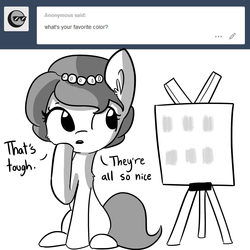 Size: 1280x1280 | Tagged: safe, artist:tjpones, oc, oc only, oc:brownie bun, horse wife, ask, color, meta, monochrome, simple background, solo, tumblr, white background