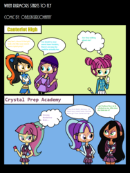 Size: 932x1240 | Tagged: safe, artist:obeliskgirljohanny, majorette, sour sweet, starlight glimmer, sweeten sour, oc, oc:lavender bliss, oc:marmalade meringue, oc:scarla, equestria girls, g4, my little pony equestria girls: friendship games, baton, belly button, canterlot high, cellphone, cheerleader, clothes, comic, crystal prep academy, crystal prep academy uniform, gossip, midriff, phone, school uniform, sweetly and sourly, thought bubble