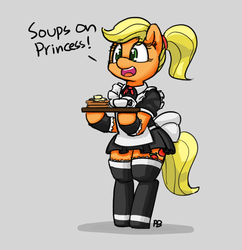 Size: 1280x1322 | Tagged: safe, artist:pabbley, applejack, earth pony, pony, g4, 30 minute art challenge, bipedal, clothes, dialogue, female, maid, maidjack, open mouth, simple background, socks, solo, thigh highs