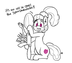 Size: 1280x1119 | Tagged: safe, artist:pabbley, boneless, plaid stripes, g4, 30 minute art challenge, dialogue, female, lineart, monochrome, rubber chicken, solo, spoon, swiss army knife