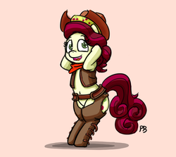 Size: 1280x1142 | Tagged: safe, artist:pabbley, cherry jubilee, pony, g4, bipedal, chaps, clothes, female, solo, vest