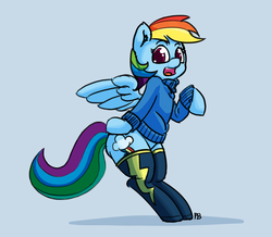 Size: 1280x1114 | Tagged: safe, artist:pabbley, rainbow dash, pony, g4, bipedal, clothes, female, socks, solo, sweater, thigh highs