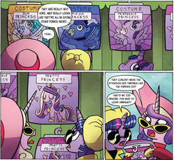 Size: 915x841 | Tagged: safe, artist:agnesgarbowska, derpibooru exclusive, edit, idw, princess cadance, princess luna, twilight sparkle, alicorn, pony, friends forever #30, g4, my little pony: friends forever, spoiler:comic, clothes, comic, costume, female, implied vore, mare, sisters-in-law, text edit, twilight sparkle (alicorn)