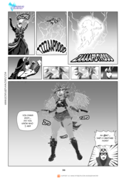 Size: 1024x1448 | Tagged: safe, artist:pia-sama, rainbow dash, oc, unicorn, anthro, plantigrade anthro, comic:rogue diamond, g4, badass, battlemage, clothes, dual wield, female, glowing eyes, goggles, gun, handgun, lightning, magic, monochrome, power-up, revy dash, spread wings, telekinesis, this will end in death, weapon, you dun goofed