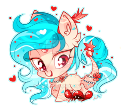 Size: 600x541 | Tagged: safe, artist:ipun, oc, oc only, oc:refia, crab, earth pony, pony, blushing, chibi, female, heart, heart eyes, mare, open mouth, simple background, smiling, solo, transparent background, watermark, wingding eyes