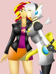 Size: 1500x2000 | Tagged: safe, artist:sketch-bro, sunset shimmer, oc, oc:angel, equestria girls, g4, canon x oc, cheek kiss, choker, clothes, female, jacket, kissing, leather jacket, lesbian, shipping, shirt, skirt