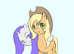 Size: 1024x755 | Tagged: safe, artist:yuwentaiji, applejack, rarity, g4, alternate hairstyle, bad mane day, blushing, offscreen rarijack, ship:rarijack, shipping, unhappy