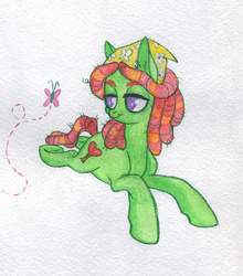 Size: 955x1087 | Tagged: safe, artist:essel, tree hugger, butterfly, earth pony, pony, g4, solo, traditional art