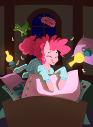 Size: 2401x3278 | Tagged: safe, artist:essel, gummy, pinkie pie, earth pony, pony, g4, bed, clothes, cute, diapinkes, eyes closed, feather, female, footed sleeper, footie pajamas, happy, high res, lamp, mare, night, onesie, open mouth, pajamas, pillow, sleep mask, solo