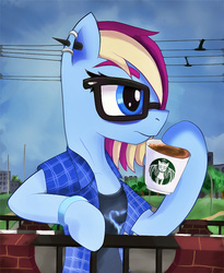 Size: 682x831 | Tagged: safe, artist:evescintilla, oc, oc only, oc:eve scintilla, earth pony, pony, clothes, coffee, female, glasses, hipster, solo