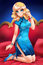 Size: 700x1048 | Tagged: safe, artist:racoonsan, oc, oc only, oc:chidey, human, blonde, cheongsam, clothes, female, humanized, humanized oc, kneeling, smiling, solo