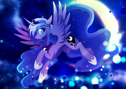 Size: 1920x1358 | Tagged: safe, artist:rariedash, princess luna, alicorn, pony, g4, crescent moon, ethereal mane, female, flying, looking at you, mare, moon, solo, starry mane, starry night, transparent moon