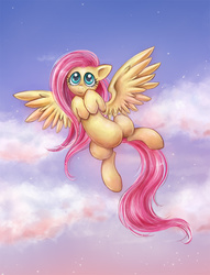 Size: 800x1047 | Tagged: safe, artist:munadrake, fluttershy, pegasus, pony, g4, female, flying, hooves to the chest, looking at you, mare, sky, smiling, solo, spread wings, wings