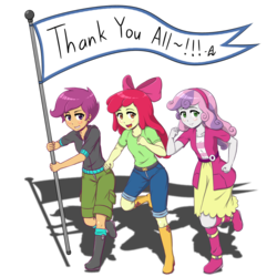 Size: 1250x1250 | Tagged: safe, artist:acesrockz, apple bloom, scootaloo, sweetie belle, equestria girls, g4, clothes, cutie mark crusaders, flag, group, open mouth, pants, pole, raised leg, shorts, thank you, trio