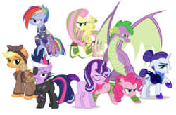 Size: 2804x1836 | Tagged: safe, artist:cheezedoodle96, artist:luckreza8, artist:php11, artist:qtmarx, artist:xebck, applejack, fluttershy, pinkie pie, rainbow dash, rarity, spike, starlight glimmer, twilight sparkle, dragon, earth pony, pegasus, pony, unicorn, g4, adult spike, alternate hairstyle, alternate timeline, amputee, apocalypse dash, applecalypsejack, artificial wings, augmented, bad future, chrysalis resistance timeline, clothes, crystal war timeline, ear piercing, earring, eye scar, eyepatch, fanfic in the description, female, future twilight, hair bun, hairnet, jewelry, male, mare, mechanical wing, night maid rarity, nightmare takeover timeline, older, older spike, piercing, prosthetic limb, prosthetic wing, prosthetics, sad, scar, simple background, tail bun, torn ear, transparent background, tribal pie, tribalshy, unicorn twilight, uniform, vector, weapon, wing piercing, winged spike, wings