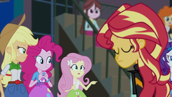 Size: 1280x720 | Tagged: safe, screencap, applejack, fluttershy, golden hazel, pinkie pie, rarity, sunset shimmer, velvet sky, equestria girls, g4, my little pony equestria girls: friendship games, background human, female, great moments in animation