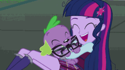 Size: 1280x720 | Tagged: safe, screencap, sci-twi, spike, spike the regular dog, twilight sparkle, dog, equestria girls, g4, my little pony equestria girls: friendship games, animated, cute, eyes closed, laughing, twiabetes