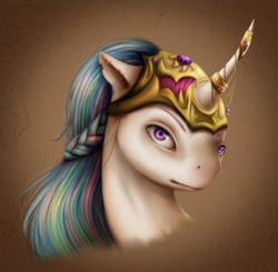 Size: 2184x2144 | Tagged: safe, artist:freyiejj, princess celestia, g4, alternate hairstyle, braid, ear piercing, earring, female, high res, horn, horn jewelry, jewelry, nightmare fuel, piercing, solo, uncanny valley