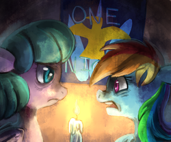 Size: 1025x850 | Tagged: safe, artist:terrac0tta, rainbow dash, g4, candle, fanfic, glowing, poster