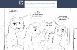 Size: 1280x842 | Tagged: safe, artist:silfoe, princess cadance, princess celestia, princess luna, twilight sparkle, alicorn, pony, royal sketchbook, g4, alicorn tetrarchy, ask, beard, bedroom eyes, black and white, blushing, dialogue, dusk shine, eye contact, facial hair, floppy ears, frown, gay, grayscale, grin, implied selfcest, looking at you, male, mirror, monochrome, open mouth, prince artemis, prince bolero, prince dusk, prince solaris, royal brothers, rule 63, ship:artemusk, ship:twiluna, shipping, sketch, smiling, stallion, transformation, transgender transformation, tumblr, twilight sparkle (alicorn)