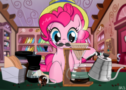 Size: 1382x987 | Tagged: safe, artist:dsana, pinkie pie, g4, coffee, female, hat, hoof hold, juan valdez, moustache, solo