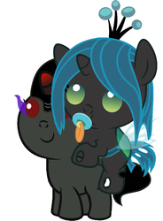 Size: 786x1067 | Tagged: safe, artist:red4567, king sombra, queen chrysalis, changeling, pony, unicorn, g4, baby, baby changeling, baby chrysalis, baby pony, colt, colt sombra, cute, cutealis, cuteling, duo, duo male and female, female, male, pacifier, ponies riding ponies, riding, ship:chrysombra, shipping, sombradorable, straight