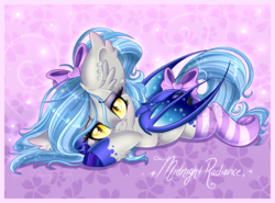 Size: 1600x1187 | Tagged: safe, artist:pvrii, oc, oc only, oc:midnight radiance, bat pony, pony, abstract background, bedroom eyes, clothes, ear piercing, eyeshadow, female, hair bow, heart eyes, impossibly large ears, makeup, markings, piercing, ponytail, prone, socks, solo, sparkles, stockings, tail bow, wingding eyes