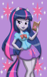 Size: 1100x1800 | Tagged: safe, artist:theroyalprincesses, twilight sparkle, equestria girls, g4, alternative cutie mark placement, book, clothes, cutie mark, cutie mark on equestria girl, facial cutie mark, female, lips, pleated skirt, ponied up, skirt, solo, twilight sparkle (alicorn)
