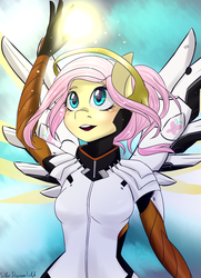 Size: 1300x1800 | Tagged: safe, artist:silbersternenlicht, fluttershy, anthro, g4, clothes, cosplay, crossover, female, mercy, mercyshy, open mouth, orb, overwatch, signature, solo