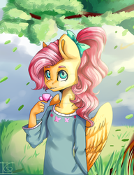 Size: 1280x1664 | Tagged: safe, artist:tendergamer, fluttershy, butterfly, anthro, g4, alternate hairstyle, clothes, female, hair bow, leaves, ponytail, shirt, solo, tree, watermark