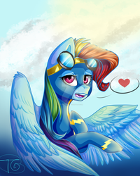 Size: 1280x1600 | Tagged: safe, artist:tendergamer, rainbow dash, pegasus, pony, g4, clothes, female, flying, goggles, heart, rainbow fash, solo, watermark, wonderbolts uniform