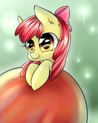 Size: 1600x2000 | Tagged: safe, artist:aquagalaxy, artist:spidershii, apple bloom, earth pony, pony, g4, adorabloom, apple, cute, female, food, giant apple, leaning, micro, smiling, solo, sparkles
