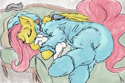 Size: 1920x1280 | Tagged: safe, artist:asdfasfasda, angel bunny, fluttershy, bird, cat, g4, adult foal, bed, clothes, cute, diaper, female, footed sleeper, non-baby in diaper, pajamas, shyabetes, sleeping, snuggling, solo