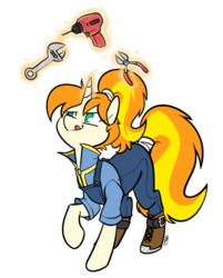 Size: 652x812 | Tagged: safe, artist:egophiliac, oc, oc only, oc:greaser, pony, unicorn, fallout equestria, fallout equestria: outlaw, boots, clothes, commission, drill, levitation, magic, overalls, pliers, ponytail, simple background, solo, tail wrap, telekinesis, tongue out, tools, transparent background, wrench