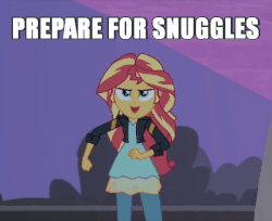 Size: 480x392 | Tagged: safe, edit, edited screencap, screencap, sunset shimmer, equestria girls, g4, my past is not today, animated, bronybait, female, image macro, imma snuggle you, it's coming right at us, looking at you, meme, open mouth, running, smirk, solo, text edit