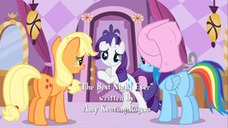 Size: 1100x618 | Tagged: safe, screencap, applejack, rainbow dash, rarity, pony, g4, the best night ever, amy keating rogers, butt, female, mare, plot, towel
