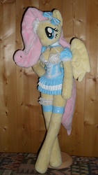 Size: 2052x3648 | Tagged: safe, artist:fluttershyap, artist:yukamina-plushies, fluttershy, anthro, unguligrade anthro, g4, anthro plushie, clothes, corset, dollfie, dress, female, folded wings, high res, irl, photo, plushie, solo