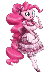 Size: 1000x1406 | Tagged: safe, artist:king-kakapo, pinkie pie, earth pony, anthro, unguligrade anthro, g4, arm hooves, clothes, dress, female, frilly dress, mary janes, multiple variants, ribbon, skirt, socks, solo