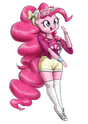Size: 1000x1406 | Tagged: safe, artist:king-kakapo, pinkie pie, earth pony, anthro, unguligrade anthro, g4, arm hooves, badge, bracelet, clothes, dress, female, jewelry, multiple variants, off shoulder, ribbon, shorts, sneakers, socks, solo, suspenders