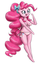Size: 1000x1406 | Tagged: safe, artist:king-kakapo, pinkie pie, anthro, unguligrade anthro, arm hooves, bikini, breasts, cleavage, clothes, female, midriff, multiple variants, polka dot swimsuit, ribbon, solo, swimsuit